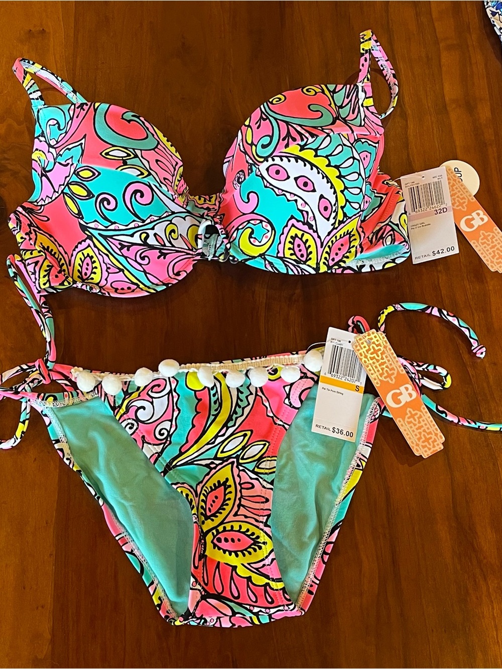 GB Gianni Bini Push-Up Pom Pom Bikini Set in Pink & Aqua - 32D/Small - NEW!